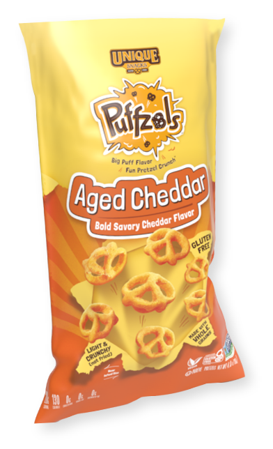 4.8oz yellow and orange bag of Aged Cheddar Puffzels