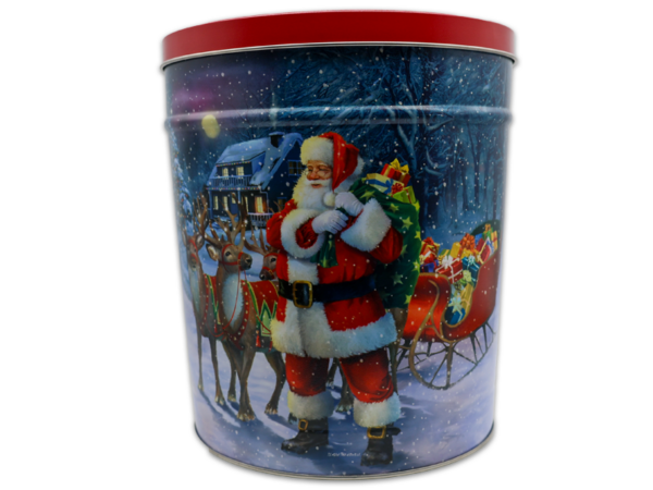 Full Image of Santa with reindeer tin, evening background with red lid