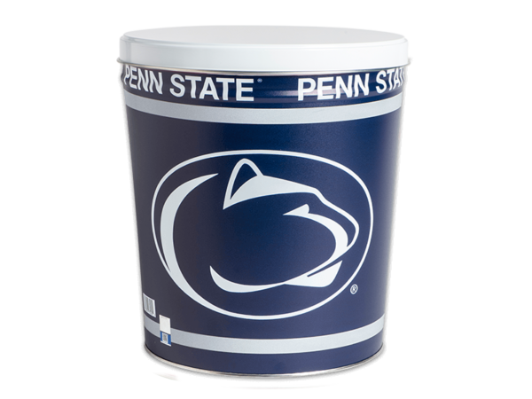 Penn State pretzel tin, Penn State logo in white on blue background with "Penn State" text around top of tin