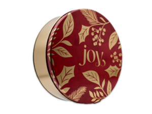 40-count Joy tin with red lid gold leaves and the word JOY on lid