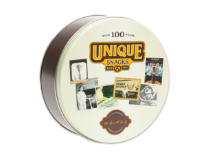 40-count tin with Unique Snacks 100th Anniversary theme, decorated with photographs of generations of Unique Snacks owners